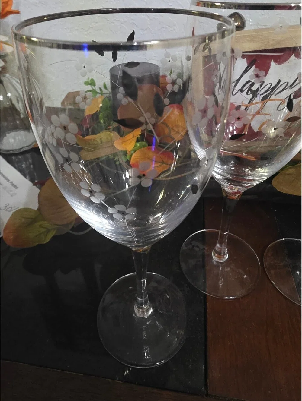 Vintage Black White Floral Silver Rim Wine Glasses Set of 4